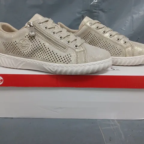 BOXED PAIR OF RIEKER LEATHER PERFORATED METALLIC TRAINERS IN GOLD SIZE 4