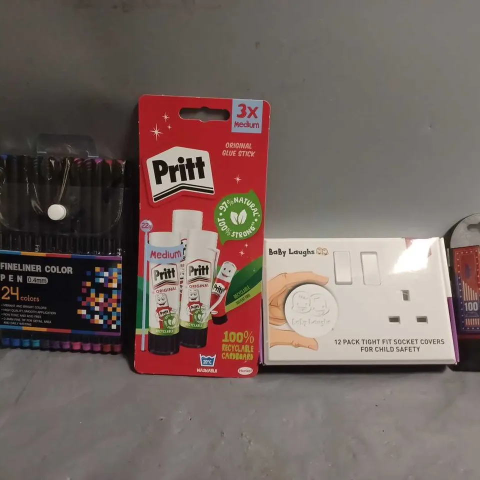 APPROXIMATELY 10 ASSORTED ITEMS TO INCLUDE - PRITT GLUE STICKS , SOCKET COVERS , FINELINER PENS ETC