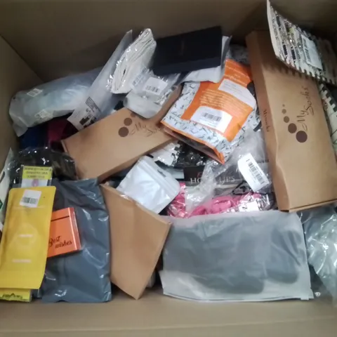 BOX CONTAINING LARGE AMOUNT OF MIXED FASHION ITEMS, SILVER PLATE AND COSTUME JEWELLERY, CLOTHING ITEMS ETC.