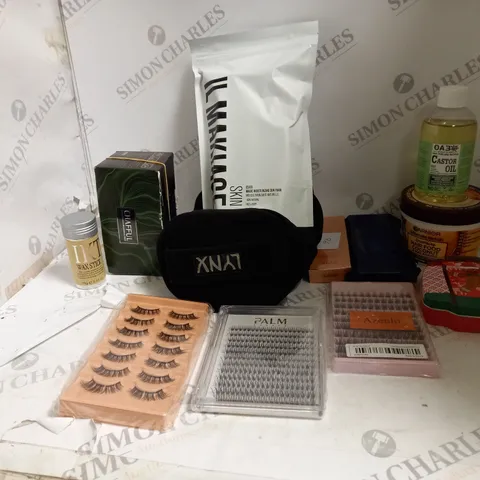 BOX OF ASSORTED COSMETIC ITEMS TO INCLUDE FALSE EYELASHES, CASTOR OIL AND WAX STICKS