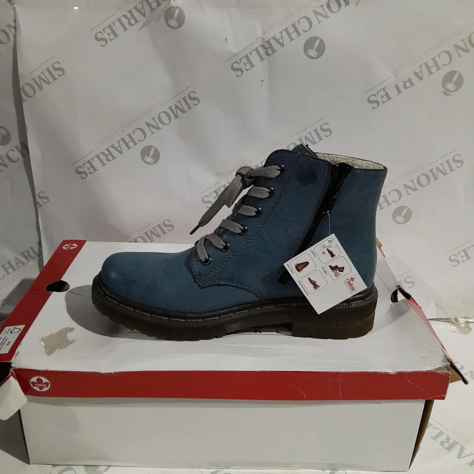 BOXED PAIR OF RIEKER LACE ANKLE BOOTS BLUE SIZE 6