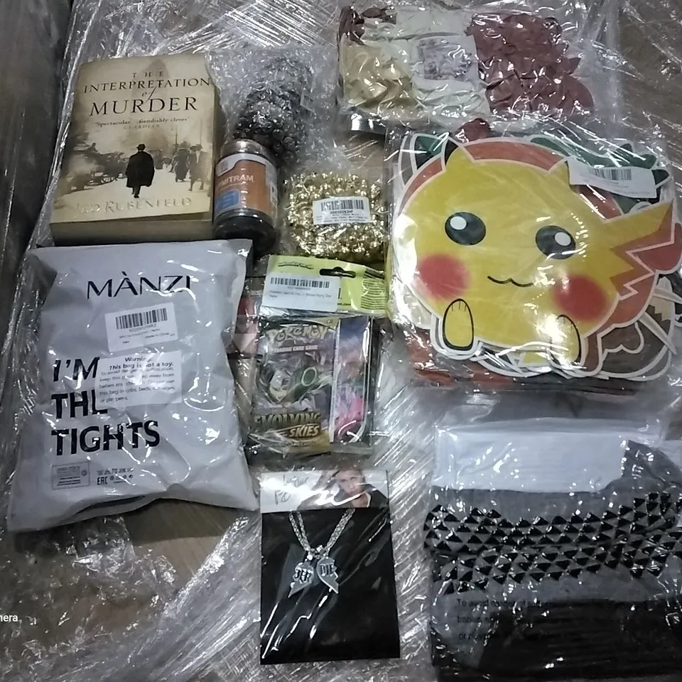 PALLET OF ASSORTED ITEMS INCLUDING THE INTERRUPTION OF MURDER BOOK, 2 PAIRS OF SPORTS SOCKS, 12MM COPPER BELLS, POKEMON CARDS, SLEEPMITRAM TABLETS, JUSTIN BIEBER NECKLACE 