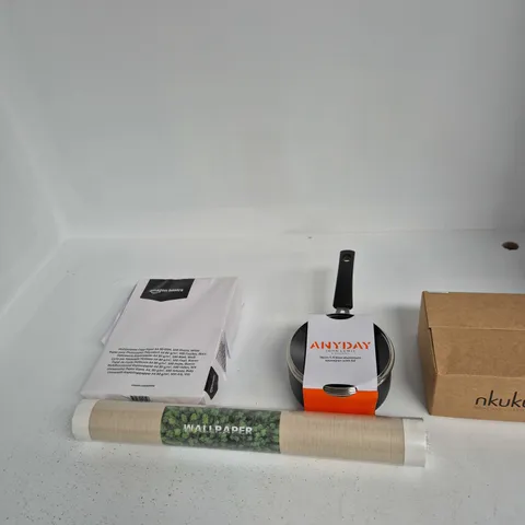 BOX OF APPROXIMATELY 15 ASSORTED ITEMS INCLUDING WALLPAPER, NKUKU PANI TUMBLERS AND ANYDAYS JOHN LEWIS SAUCEPAN WITH LID