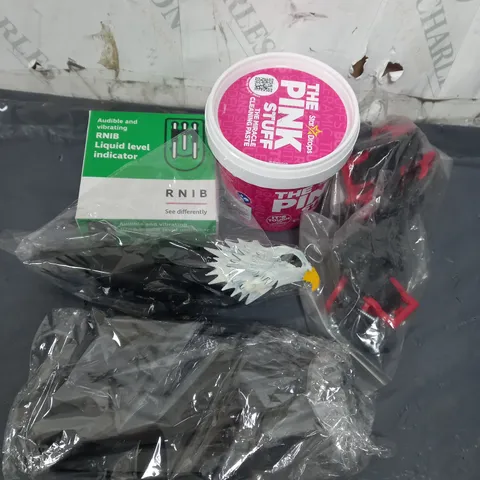APPROXIMATELY 10 ASSORTED HOUSEHOLD ITEMS TOO INCLUDE THE PINK STUFF , LIQUID INDICATOR , CLIPS, ETC