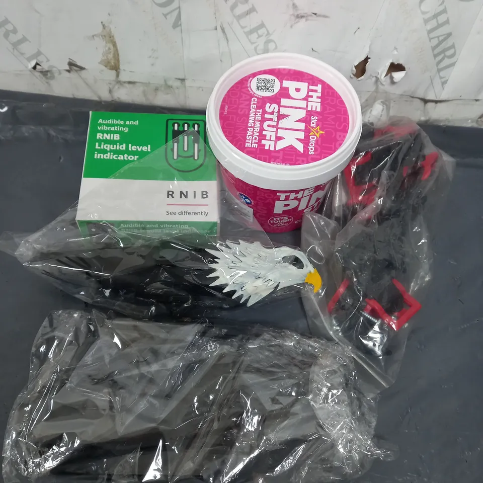 APPROXIMATELY 10  ASSORTED HOUSEHOLD ITEMS TOO INCLUDE THE PINK STUFF , LIQUID INDICATOR , CLIPS, ETC 