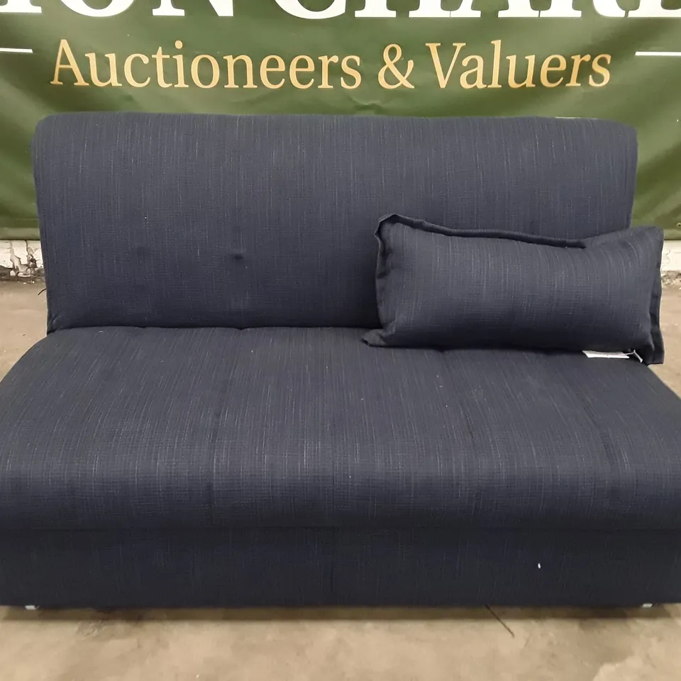 QUALITY DESIGNER APPLEY 2 SEATER SOFA BED - DARK BLUE FABRIC