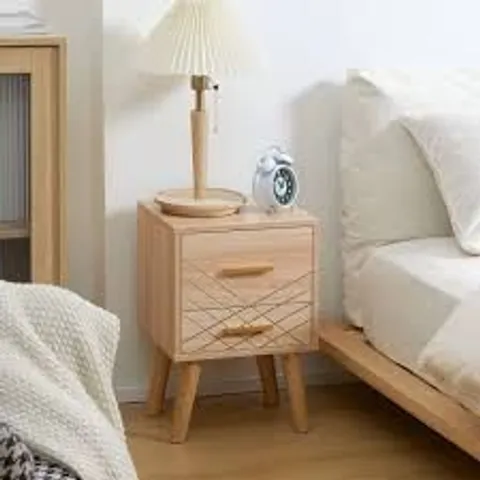 BOXED HOMCOM BEDSIDE CABINET, SCANDINAVIAN BEDSIDE TABLE WITH DRAWERS, BED SIDE TABLE WITH WOOD LEGS, NATURAL