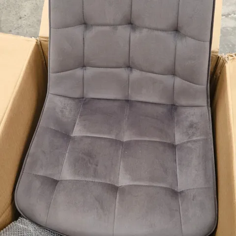 BOXED PAIR OF DARK GREY SOFT FABRIC UPHOLSTERED SIDE/DINING CHAIRS