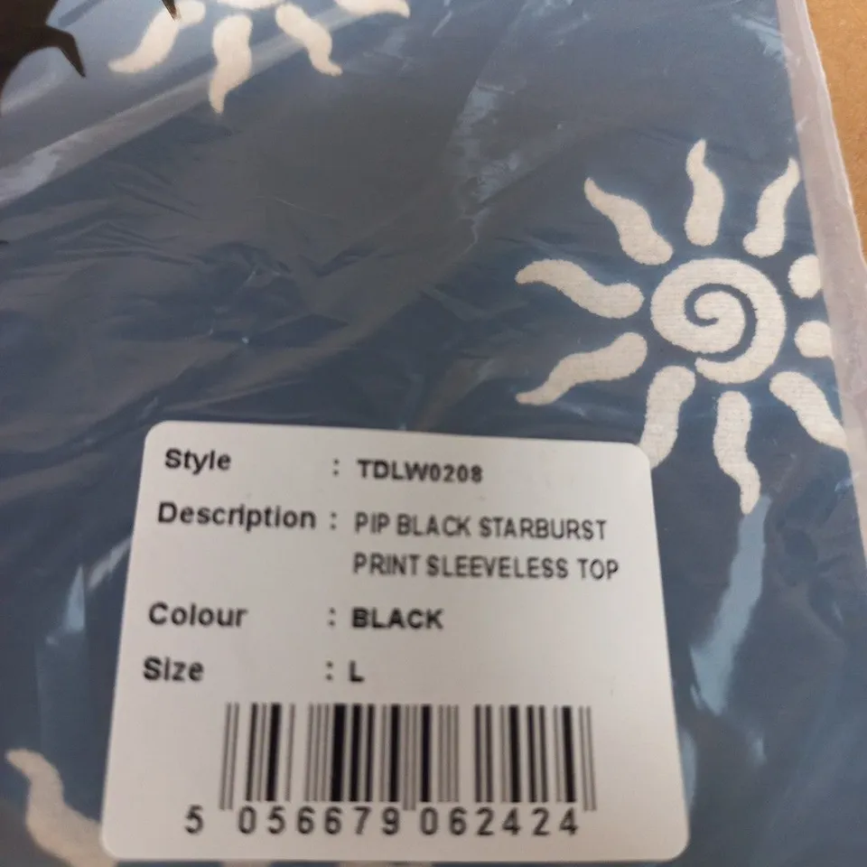 TURTLEDOVE LONDON SLEEVELESS TOP – BLACK STARBURST PRINT, SIZE L