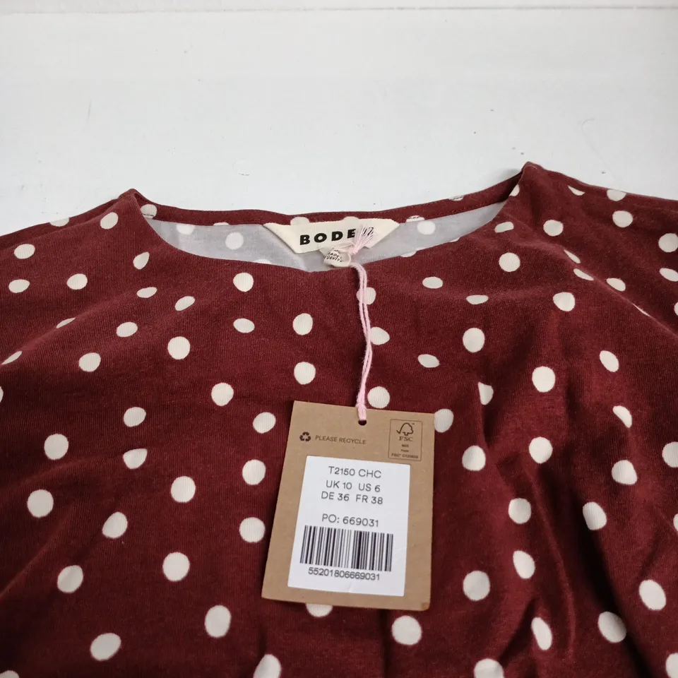 BODEN POLKA DOT DRESS – BURGUNDY, UK 10 (US 6, DE 36, FR 38)