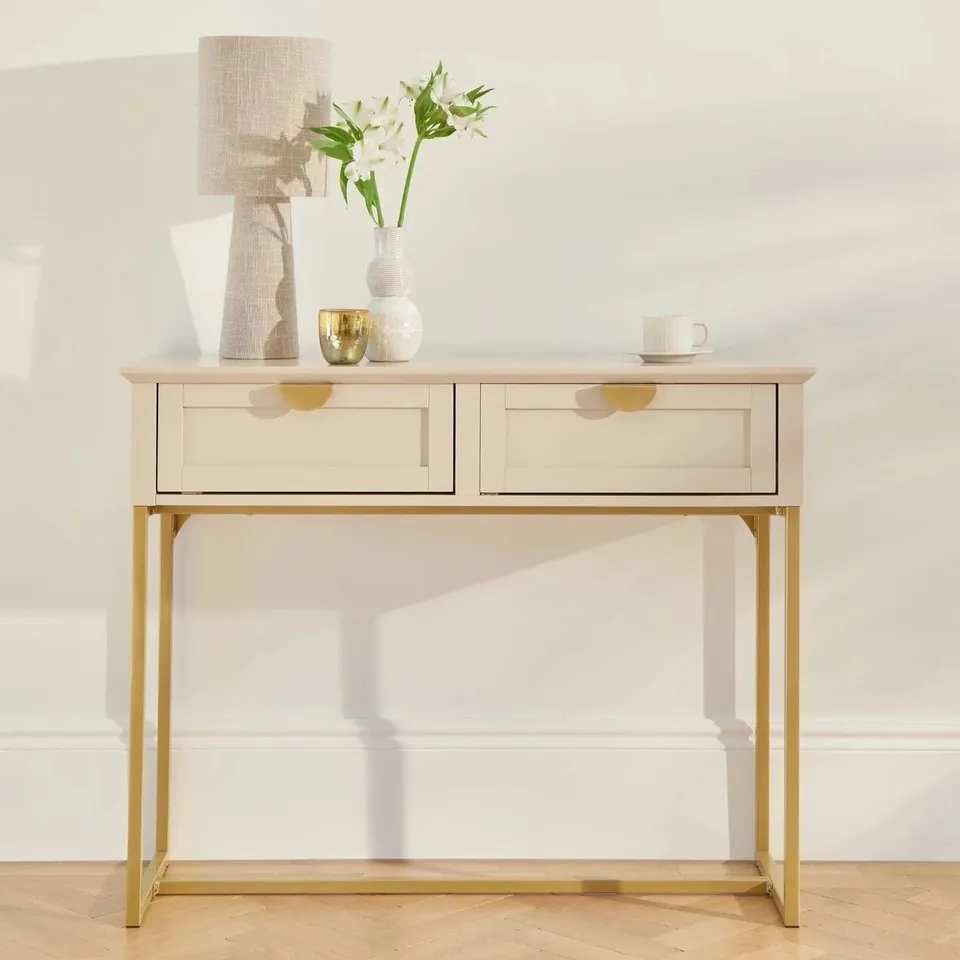 BOXED LAURA JAMES INES 2 DRAWER CONSOLE TABLE , TAUPE AND GOLD (1 BOX)
