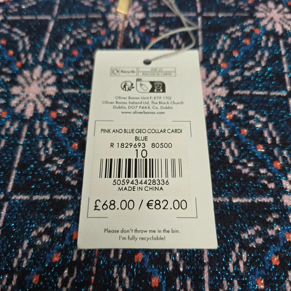 OLIVER BONAS PINK AND BLUE GEO COLLAR CARDI - SIZE 10