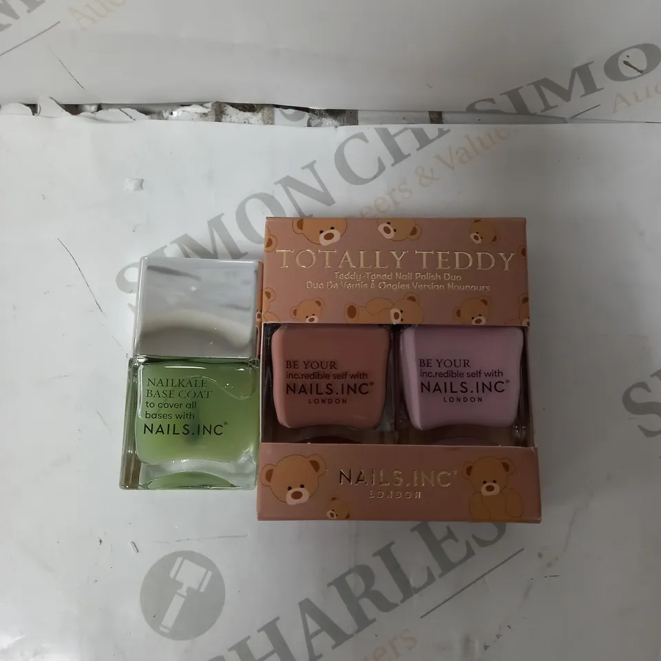 BOX OF 3 NAILS.INC NAIL PRODUCTS TO INCLUDE TOTALLY TEDDY DUO, NAILKALE BASE COAT. 
