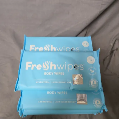 APPROXIMATELY 10 PACKS OF FRESHWIPES FEMININE BODY WIPE - LIGHT COCONUT SCENT - 12 WIPES PER PACK