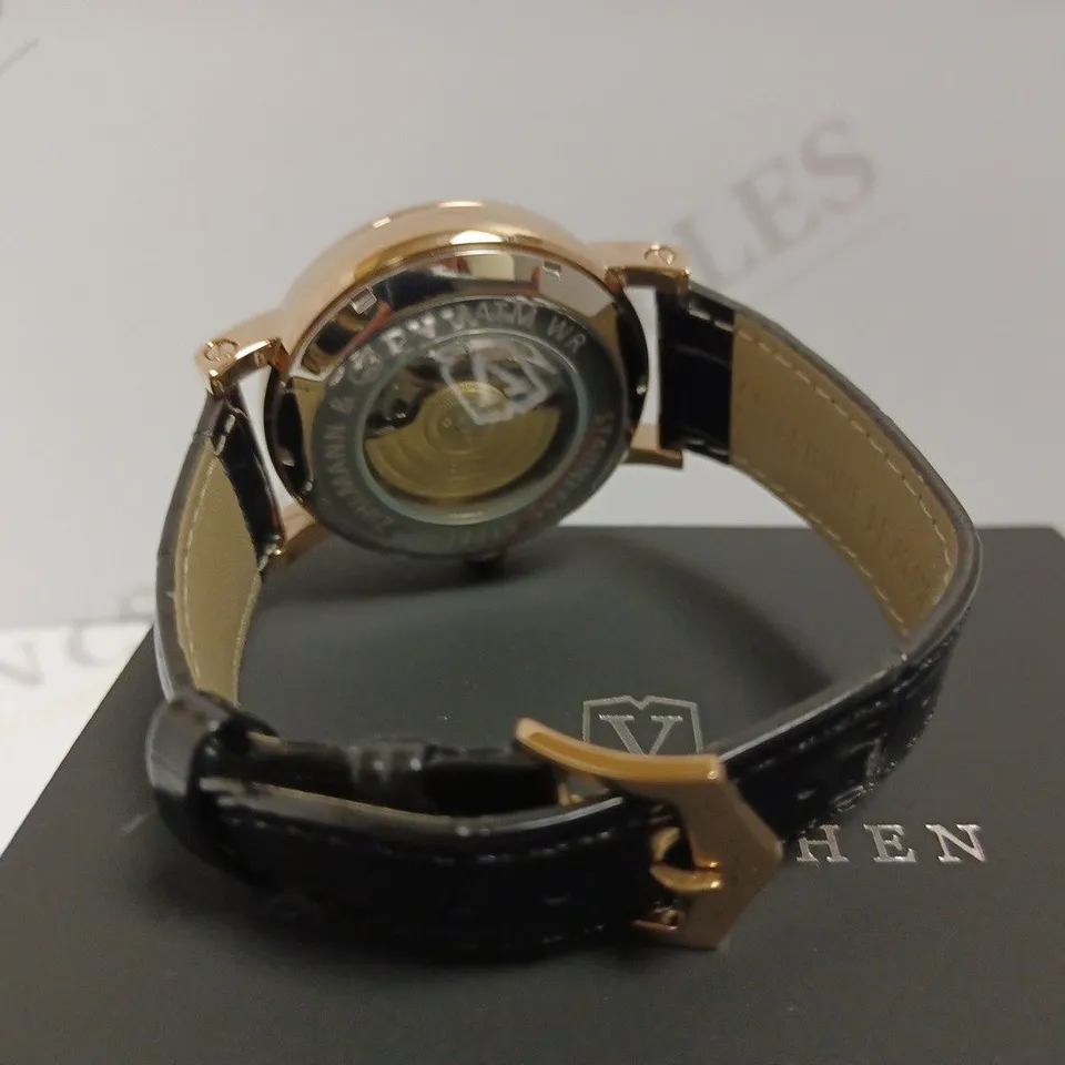 ZIHLMANN & CO ROSE GOLD EFFECT WATCH WITH BLACK LEATHER STRAP AND BLUE PICASSO MOON FACE