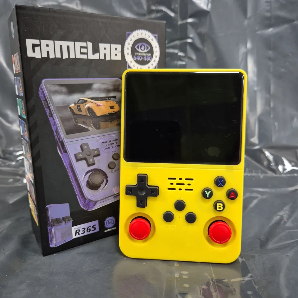 GAMELAB R36S HANDHELD GAMING DEVICE IN YELLOW