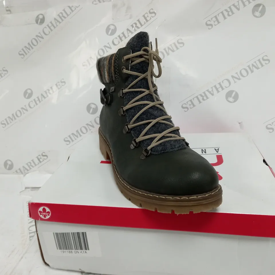 BOXED PAIR OF RIEKER MULTI CUFF HIKING BOOTS GREEN - UK SIZE 7.5