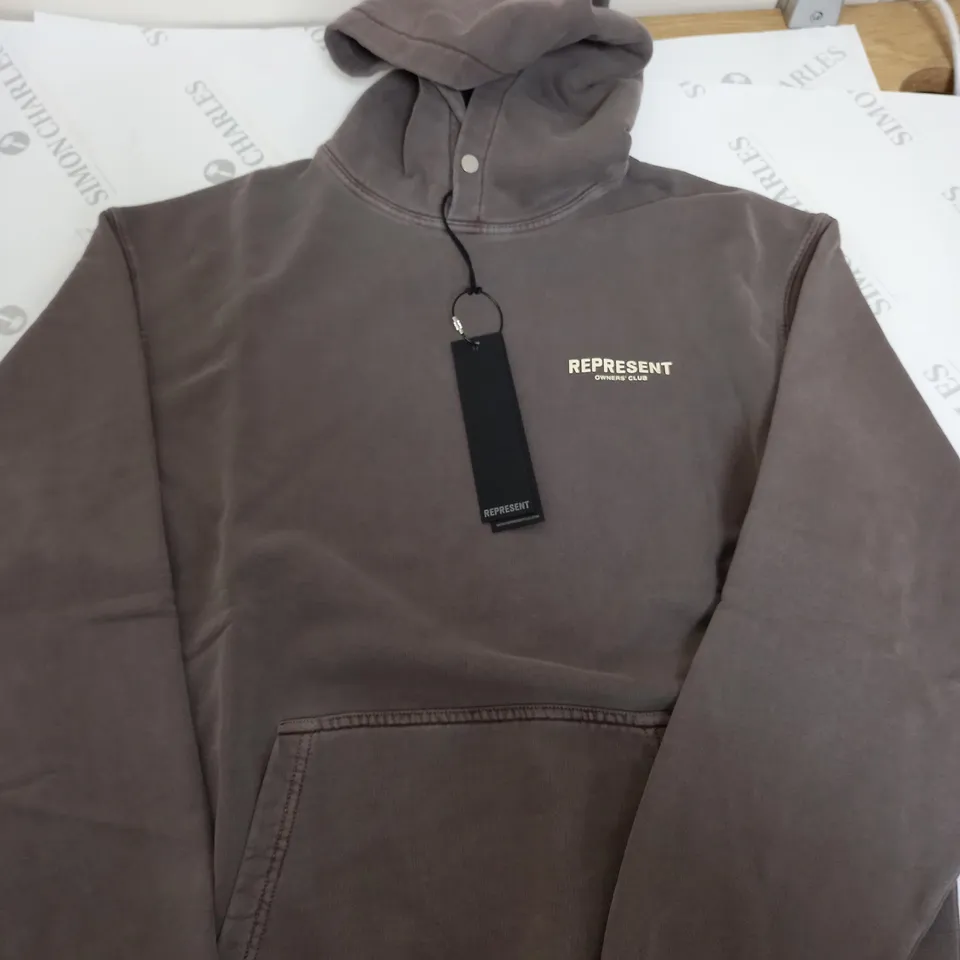 REPRESENT BROWN PLAIN HOODIE WITH LOGO - SMALL