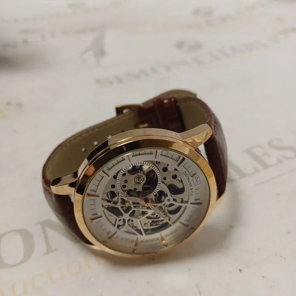 MENS ZIHLMANN & CO AUTOMATIC WATCH - Z210 – SKELETON DIAL – GOLD COLOUR CASE – GENUINE LEATHER CASE – HAND ASSEMBLED 
