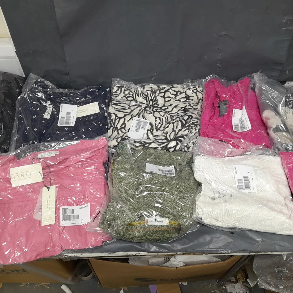 BOX OF APPROXIMATELY 10 ASSORTED PIECES OF CLOTHING IN VARIOUS STYLES, SIZES, AND BRANDS 