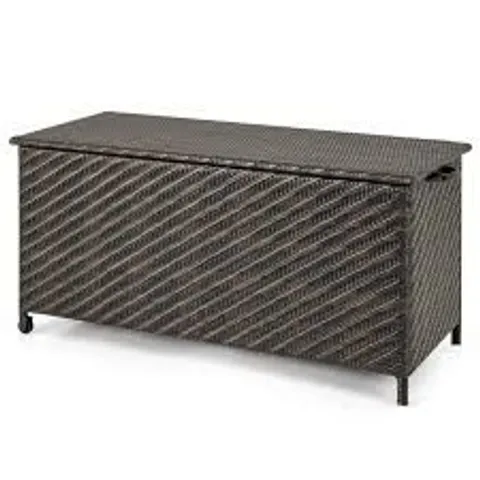 BOXED COSTWAY 320L BROWN WOVEN RATTAN GARDEN STORAGE BOX WITH WHEELS