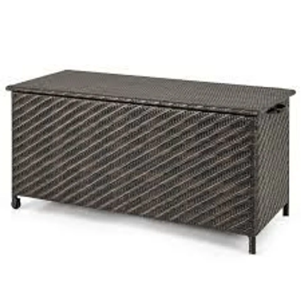 BOXED COSTWAY 320L BROWN WOVEN RATTAN GARDEN STORAGE BOX WITH WHEELS