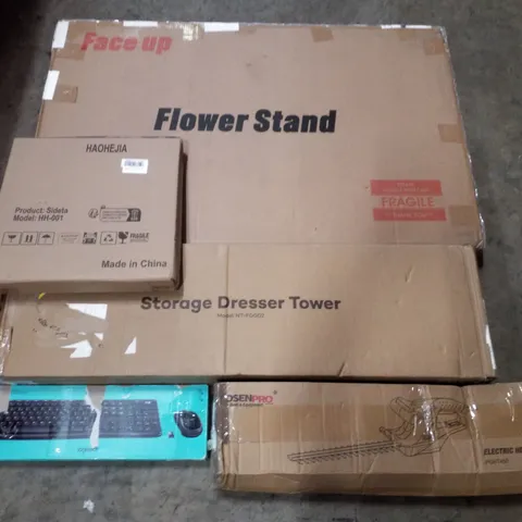 PALLET CONTAINING ASSORTED PRODUCTS INCLUDING FLOWER STAND, SIDETABLE, STORAGE DRESSER TOWER, KEYBOARD AND MOUSE SET & ELECTRIC HEDGE TRIMMER