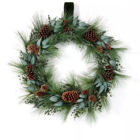 BOXED PRE LIT CHRISTMAS WREATH WITH GREEN BERRIES AND PINECONES - 90 CM