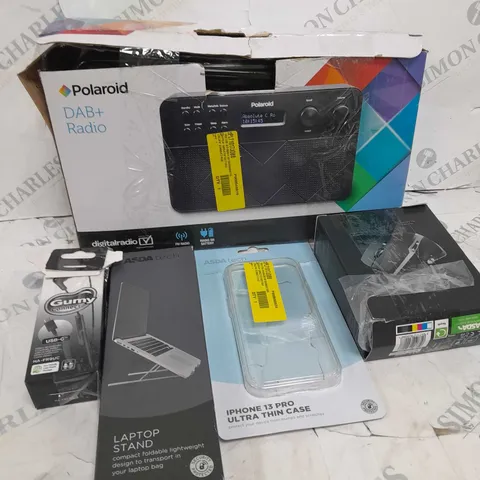 BOX OF APPROXIMATELY 15 ASSORTED ITEMS TO INCLUDE RADIO, LAPTOP STAND, EARPHONES ETC