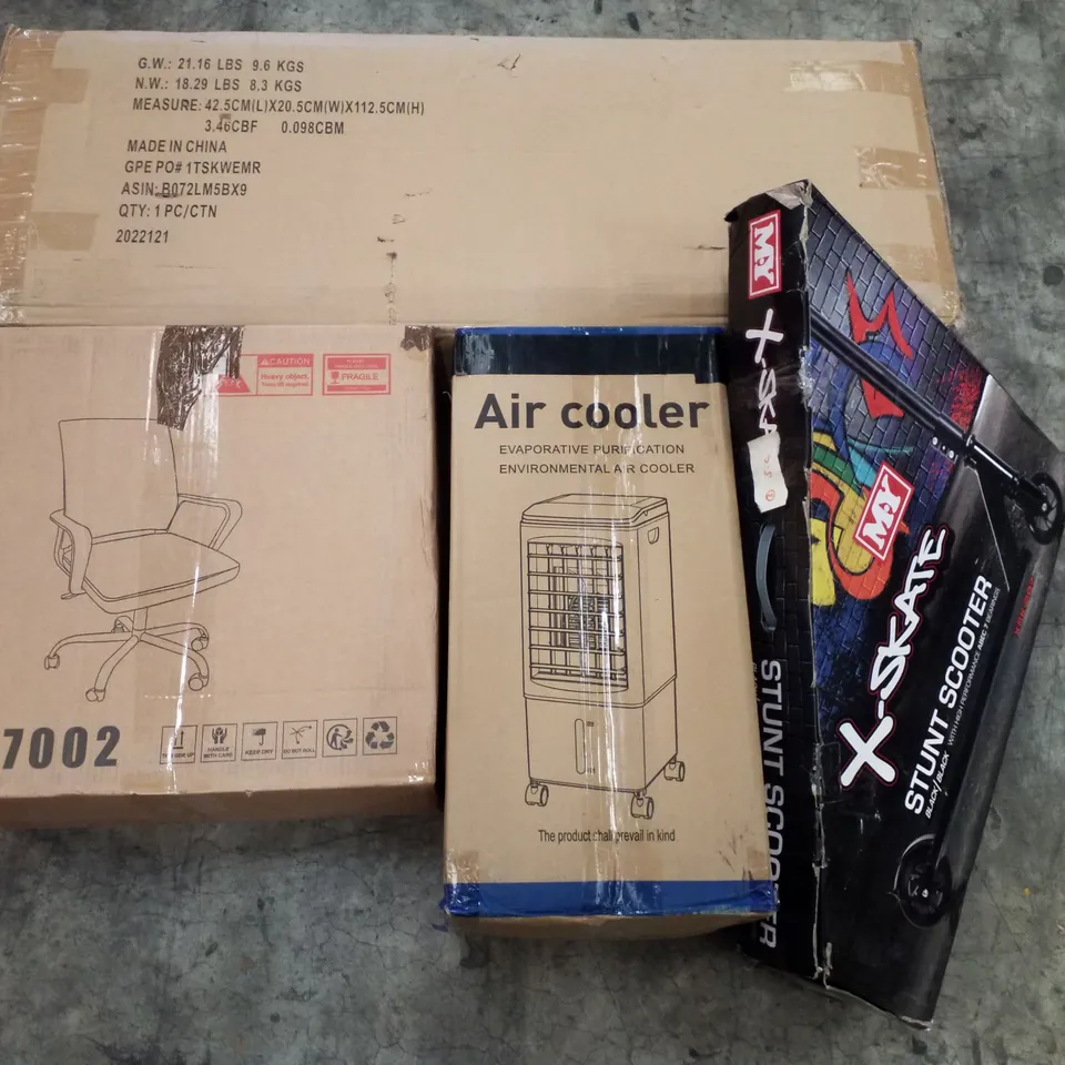 PALLET OF ASSORTED PRODUCTS INCLUDING DESK CHAIR, AIR COOLER, STUNT SCOOTER, CLOTHES RAIL 