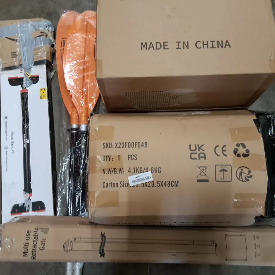 PALLET OF ASSORTED HOUSEHOLD ITEMS TO INCLUDE AIR FRYER, RHINOSPORT PULL UP BAR AND RETRACTABLE GATE
