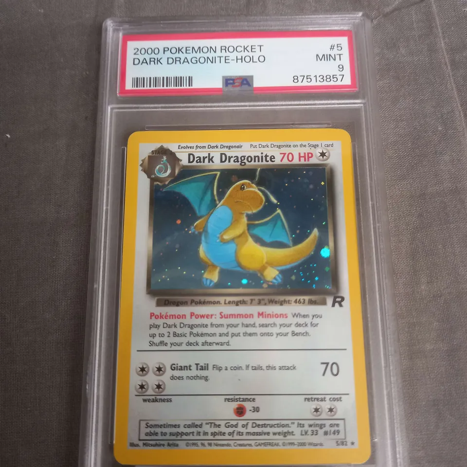 FRAMED AND GRADED COLLECTABLE TRADING POKEMON CARD - 2000 POKEMON ROCKET DARK DRAGONITE - HOLO - MINT PSA 9