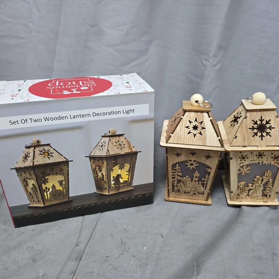 APPROXIMATELY 14 BOXED SET OF 2 WOODEN LANTERN DECORATION LIGHTS