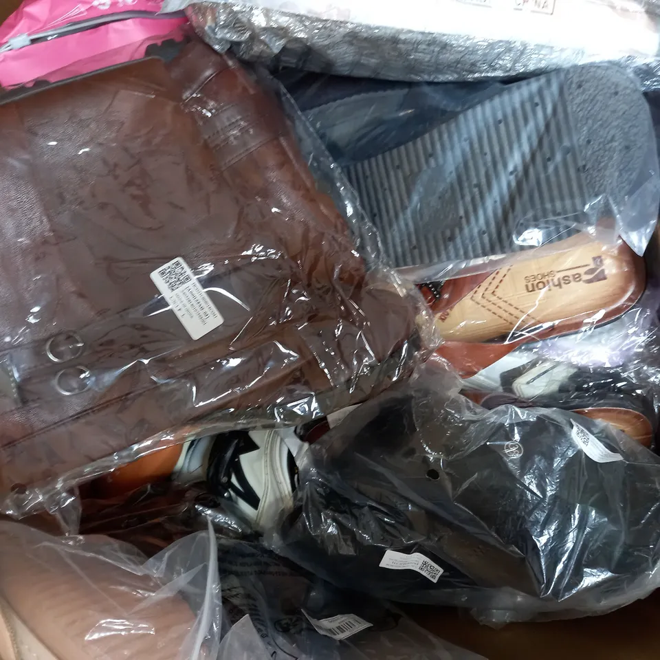 BOX OF APPROXIMATELY 15 ASSORTED PAIRS OF SHOES AND FOOTWEAR ITEMS IN VARIOUS COLOURS, STYLES AND SIZES - COLLECTION ONLY