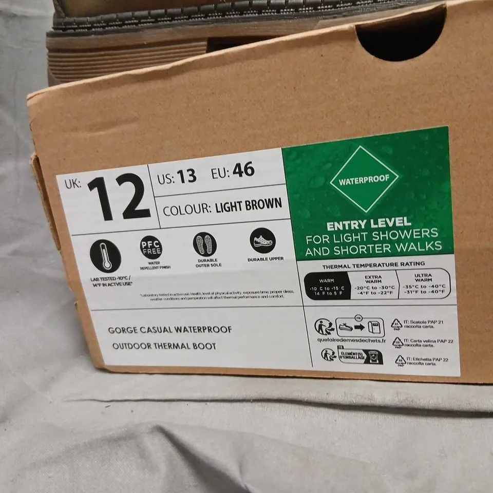 MOUNTAIN WAREHOUSE GORGE CASUAL WATERPROOF OUTDOOR THERMAL BOOTS – UK 12, LIGHT BROWN