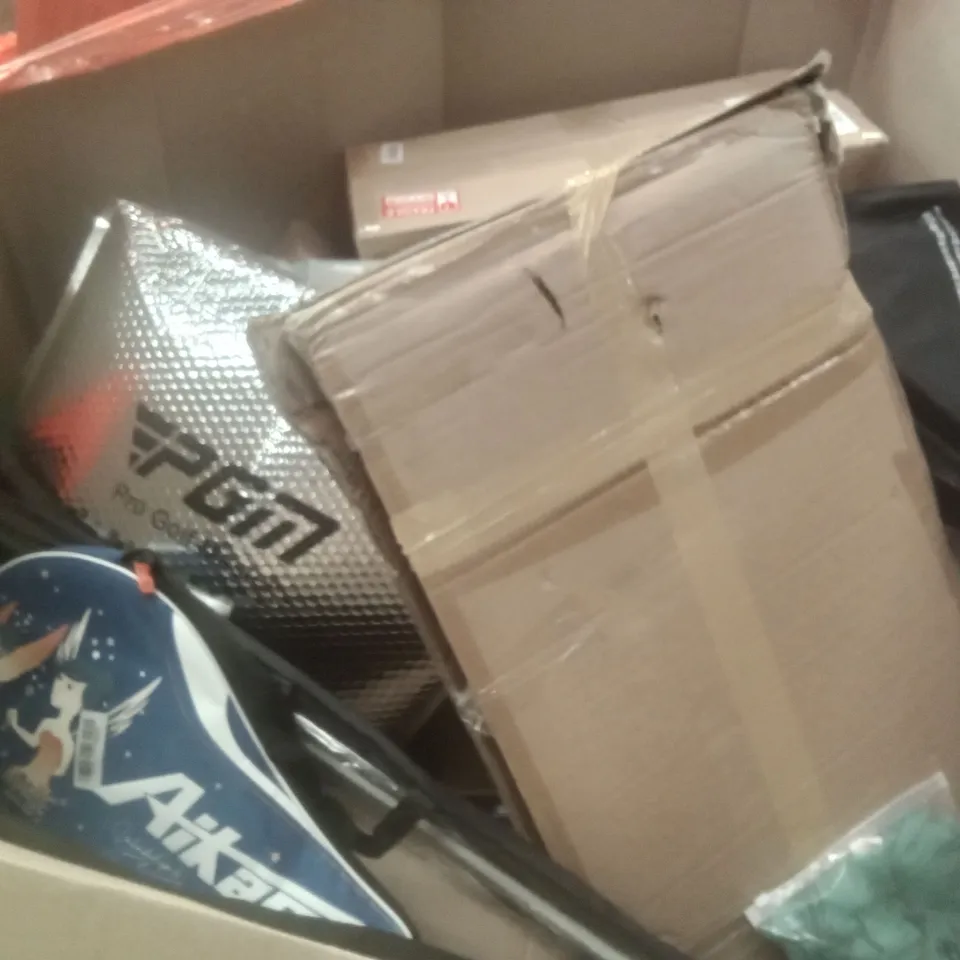 PALLET OF ASSORTED ITEMS INCLUDING PEPE TOILET RISER 4", FITUEYES STANDING DESK, MATTRESS TOPPER, QUINTON LEATHER HALF CHAPS, WHITE UMBRELLA, DOG DOOR FOR SLIDING SCREEN 