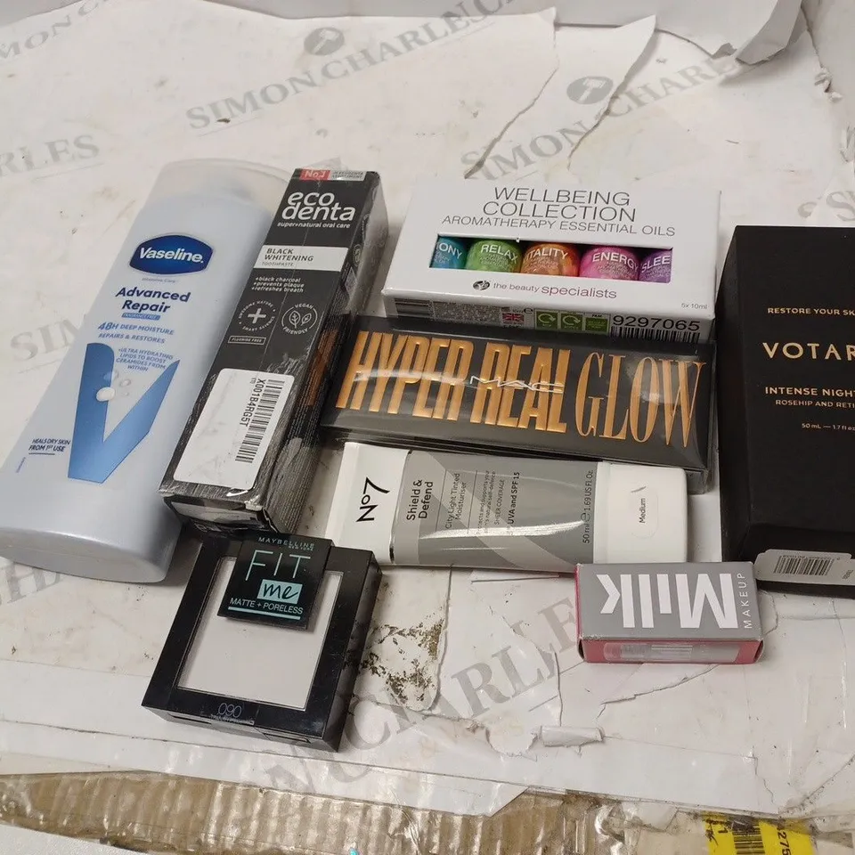 LOT OF BEAUTY PRODUCTS TO INCLUDE VASELINE ADVANCED REPAIR, ESSENTIAL OILS, ETC
