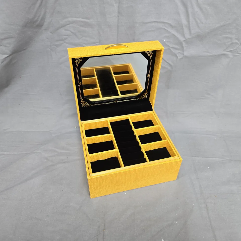 UNBRANDED YELLOW CROCODILE-TEXTURED JEWELLERY BOX WITH BUILT-IN MIRROR AND DIVIDED COMPARTMENTS