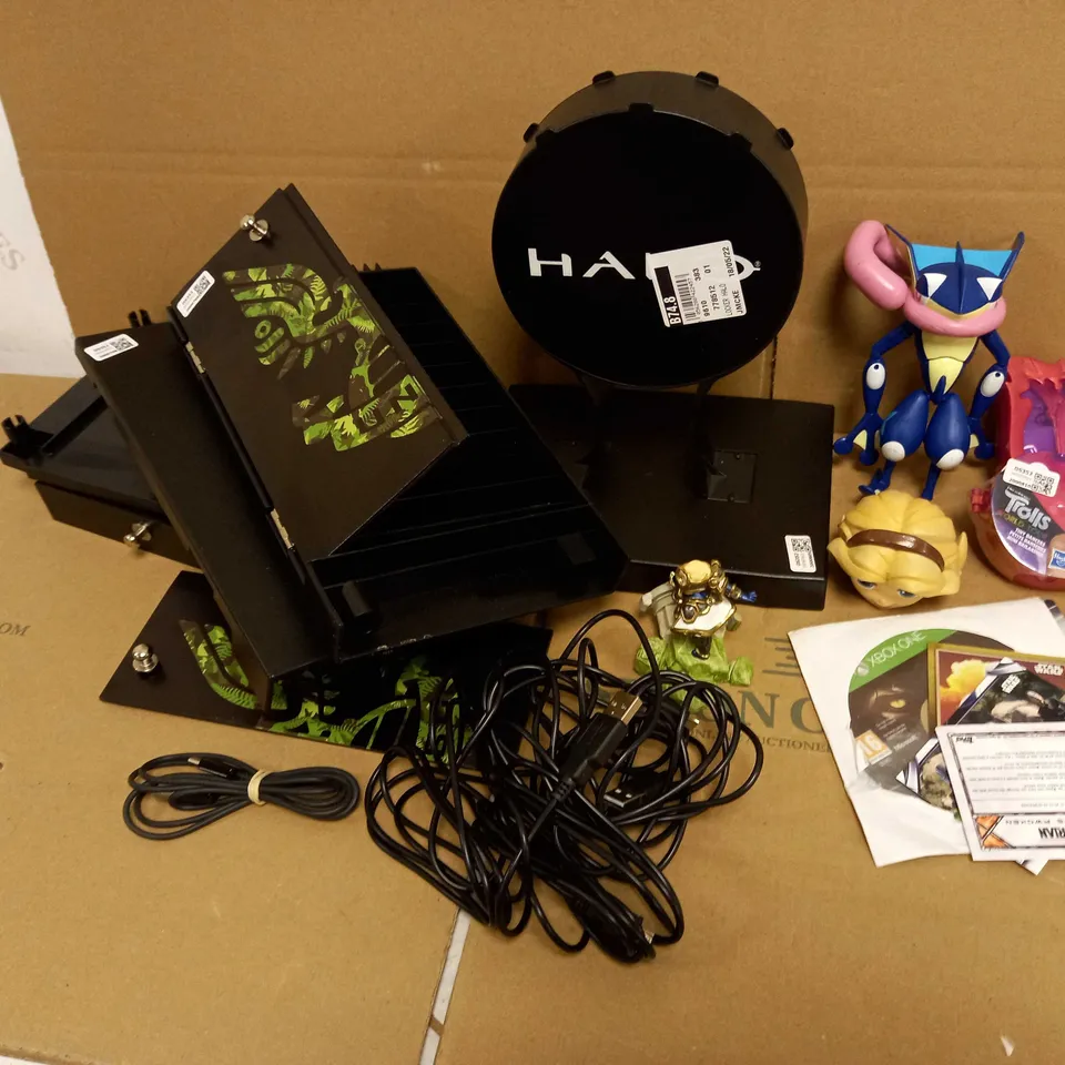 LOT OF ASSORTED TOYS INCLUDING CDS RACK, TROLLS WORLD TOUR, BLACKGUARDS 2 FOR XBOX ONE