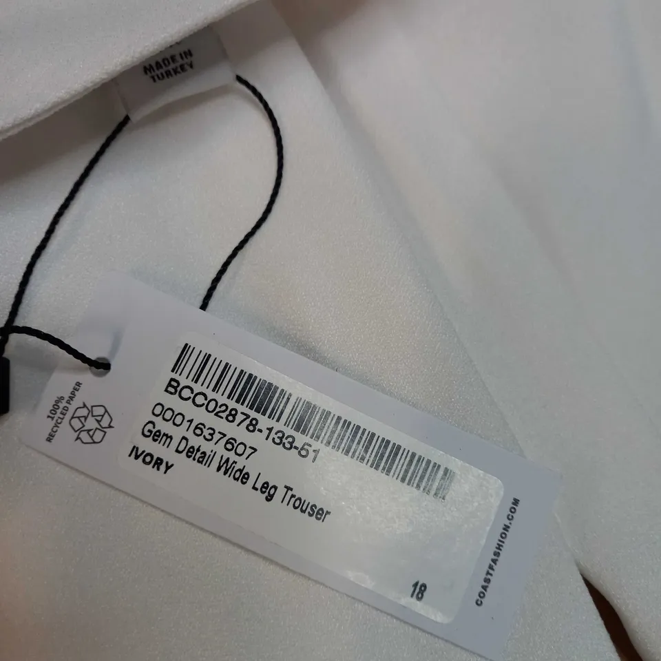 COAST IVORY GEM DETAIL WIDE LEG TROUSER - SIZE 18