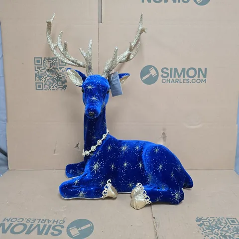 GISELA GRAHAM DECORATIVE VELVET/GLITTER STAG ORNAMENT IN BLUE/GOLD