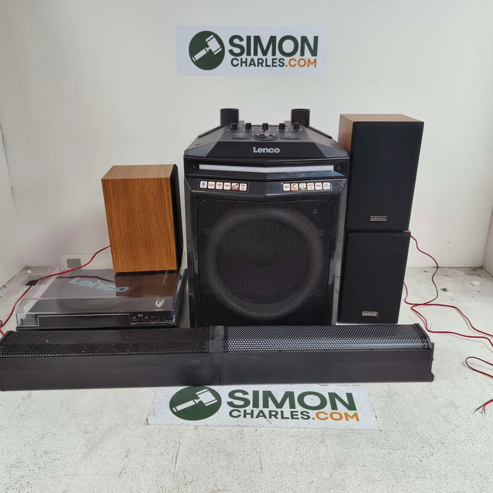 LOT OF 10 ASSORTED UNBOXED LENCO AUDIO ITEMS TO INCLUDE PARTY SPEAKER. TURNTABLES WITH SPEAKERS AND TURNTABLE CARE KIT