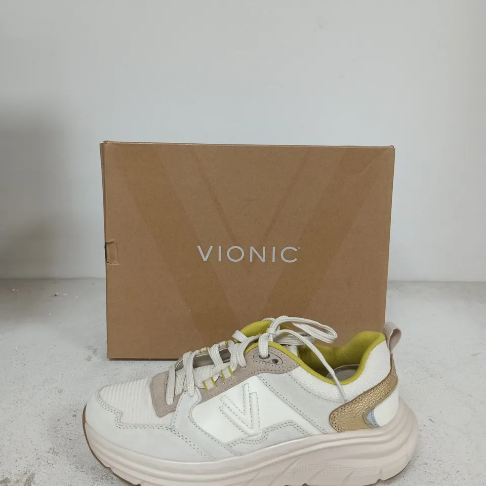 VIONIC WOMEN'S TRAINERS – WHITE/BEIGE WITH NEON YELLOW INTERIOR (BOXED) SIZE UK 7