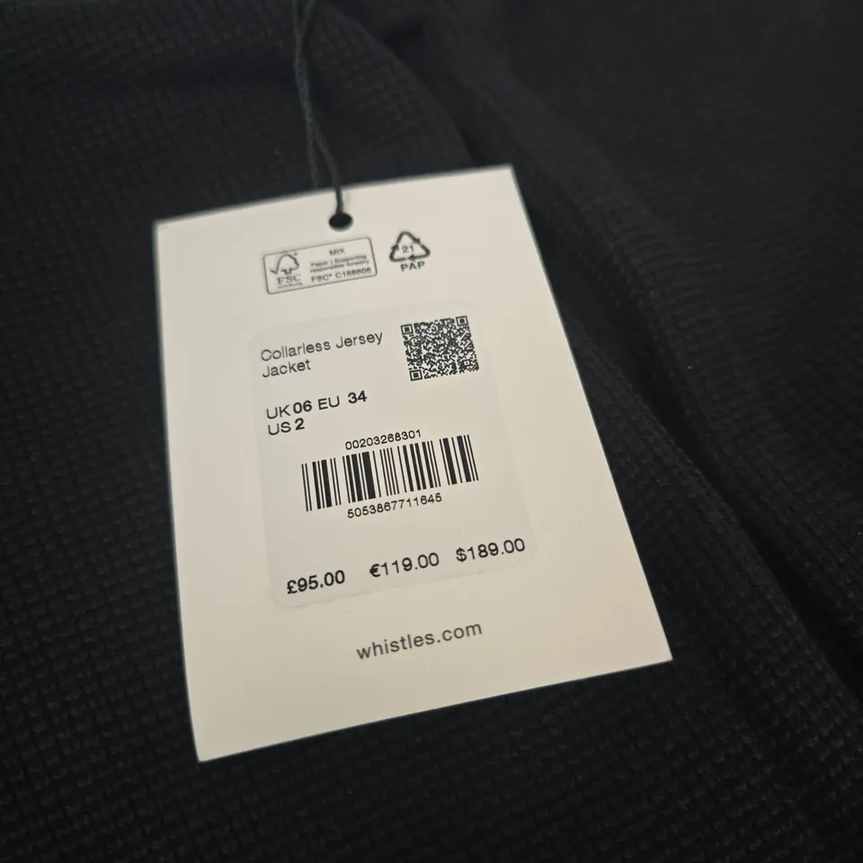 Whistles Collarless Jersey Jacket – Black, UK 6 (EU 34)