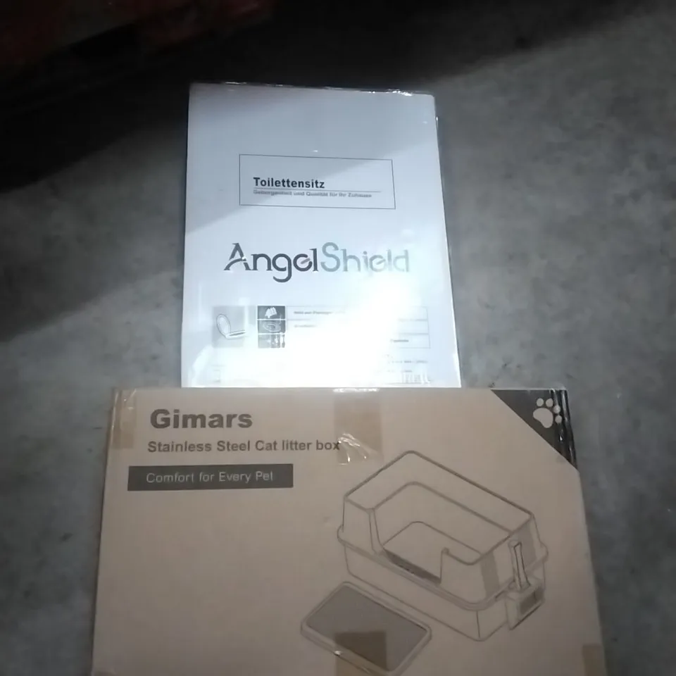 PALLET OF ASSORTED ITEMS TO INCLUDE; TOILET SEAT, CAT LITTER BOX STAINLESS STEEL 