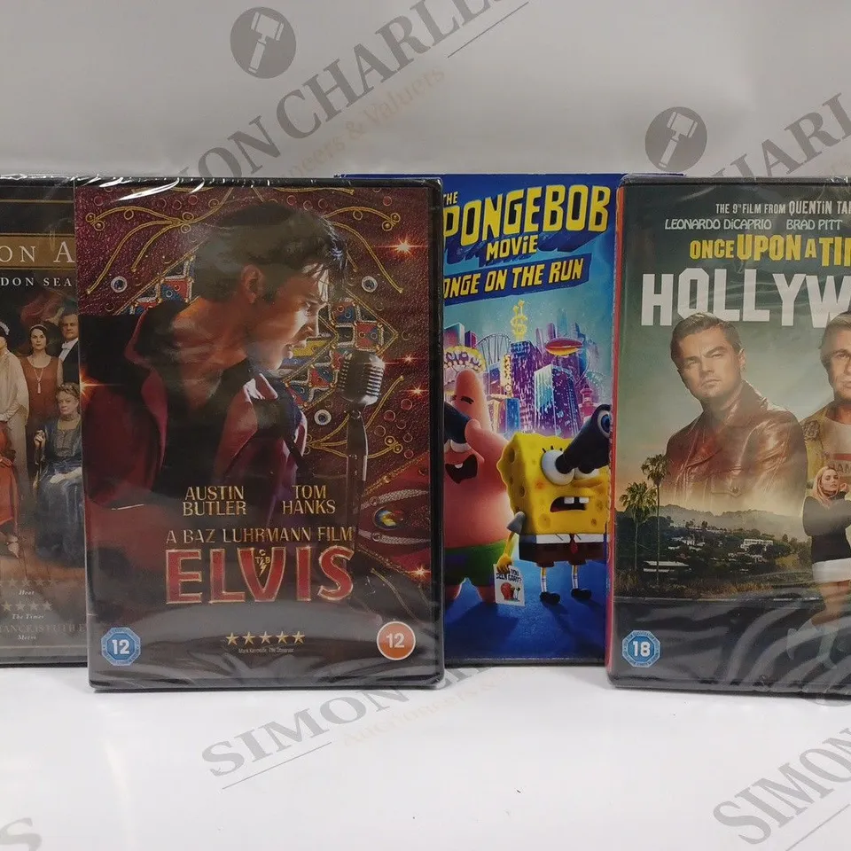 BOX OF APPROX 8 DVD'S TO INCLUDE ELVIS, THE SPONGEBOB MOVIE SPONGE ON THE RUN, ONCE UPON A TIME IN HOLLYWOOD, ETC. 