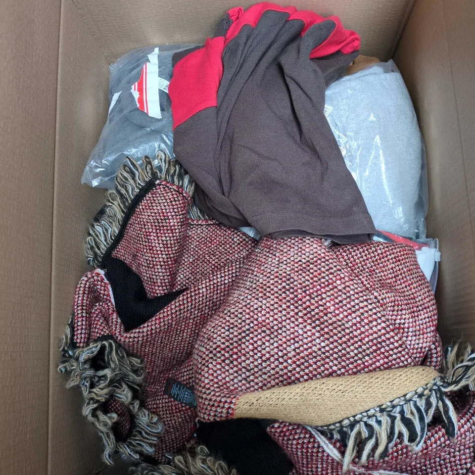 BOX OF APPROXIMATELY 15 ASSORTED CLOTHING ITEMS TO INCLUDE XMAS JUMPER, BROWN CORDUROY TROUSERS, LADIES SEQUIN TOP, BLUE CASUAL TROUSERS ETC