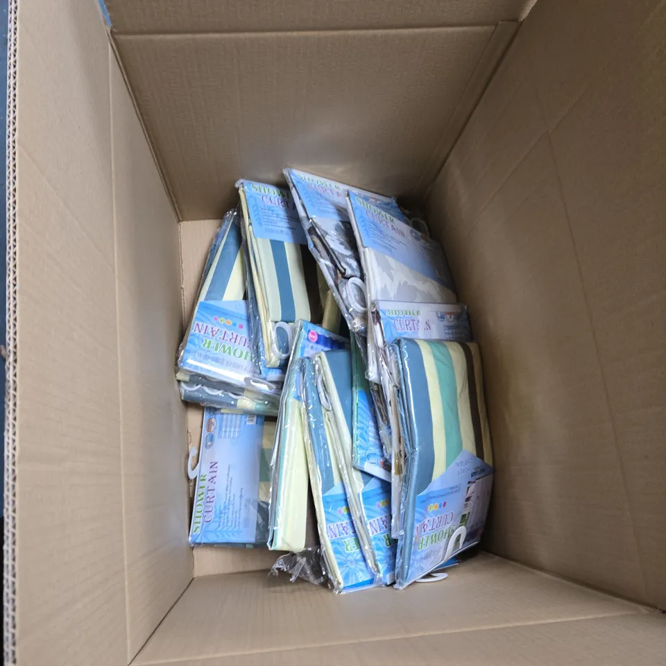 BOX OF APPROXIMATELY 20 X SHOWER CURTAINS – STRIPED MULTI-COLOUR DESIGN 