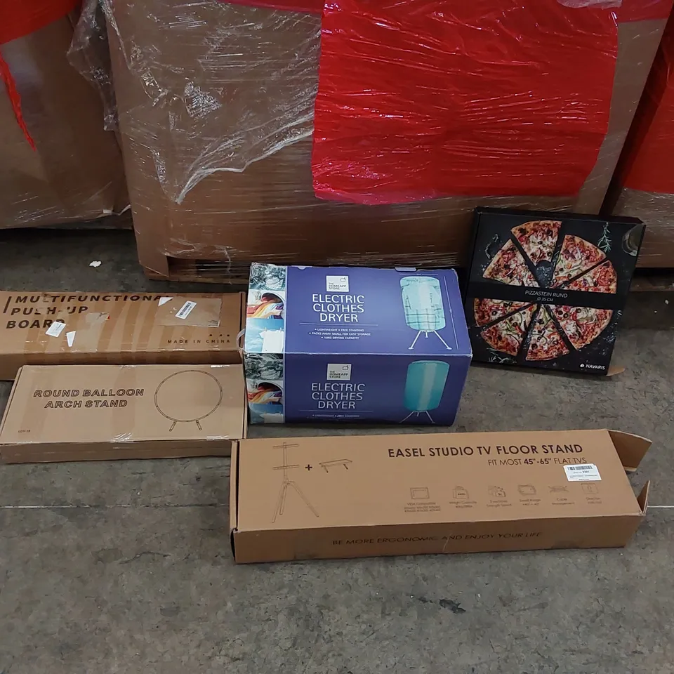 PALLET OF ASSORTED ITEMS INCLUDING: ELECTRIC CLOTHES DRYER, EASEL STUDIO TV FLOOR STAND, MULTIFUNCTIONAL PUSH-UP BOARD, PIZZA STONE, ROUND BALLON ARCH STAND