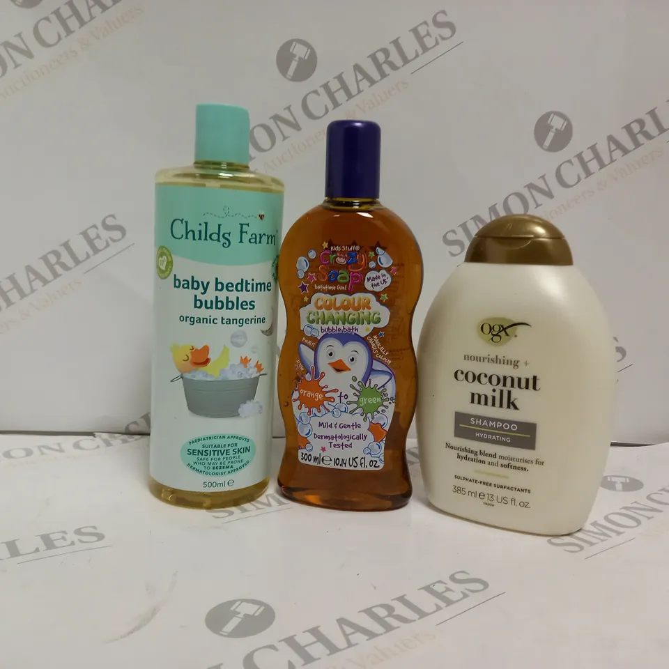 APPROXIMATELY 10 ASSORTED HEALTH AND BEAUTY PRODUCTS TO INCLUDE OGX COCONUT MILK SHAMPOO, CHILDS ARM BABY BEDTIME BUBBLES, KIDS STUFF CRAZY SOAP 